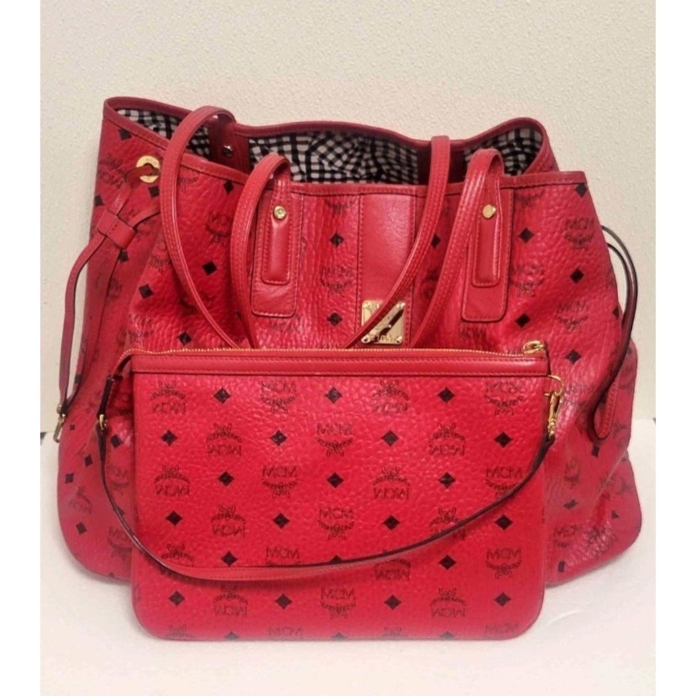MCM Liz Women's Visetos Reversible Shopper Tote Bag Candy Red Medium with Pouch